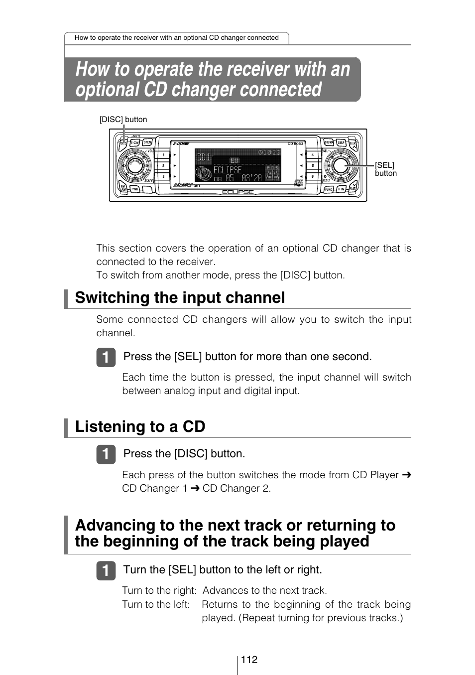 Listening to a cd, Switching the input channel | Eclipse - Fujitsu Ten CD8053 User Manual | Page 112 / 132