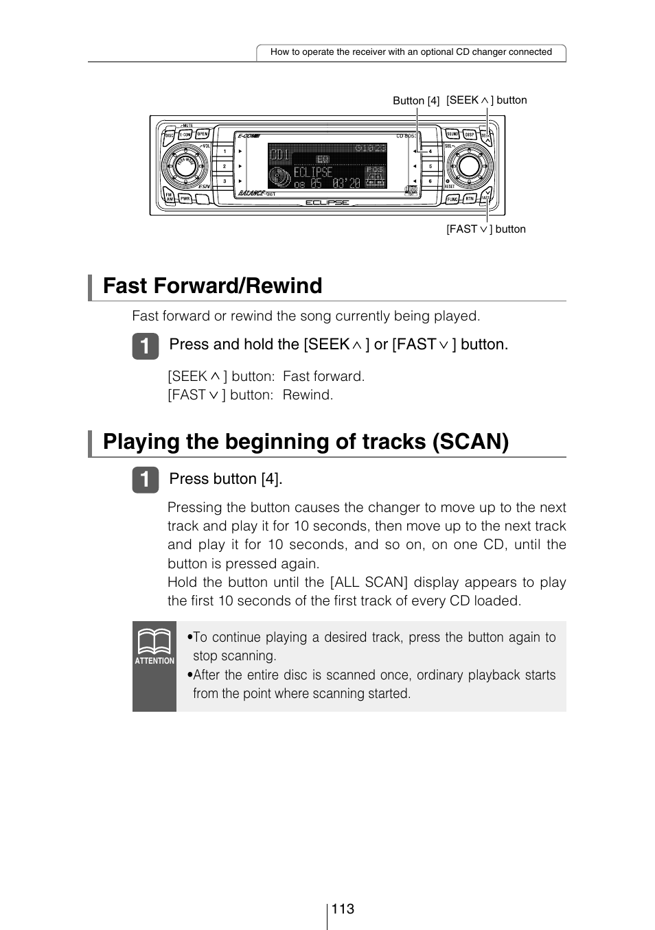 Playing the beginning of tracks (scan), Fast forward/rewind | Eclipse - Fujitsu Ten CD8053 User Manual | Page 113 / 132