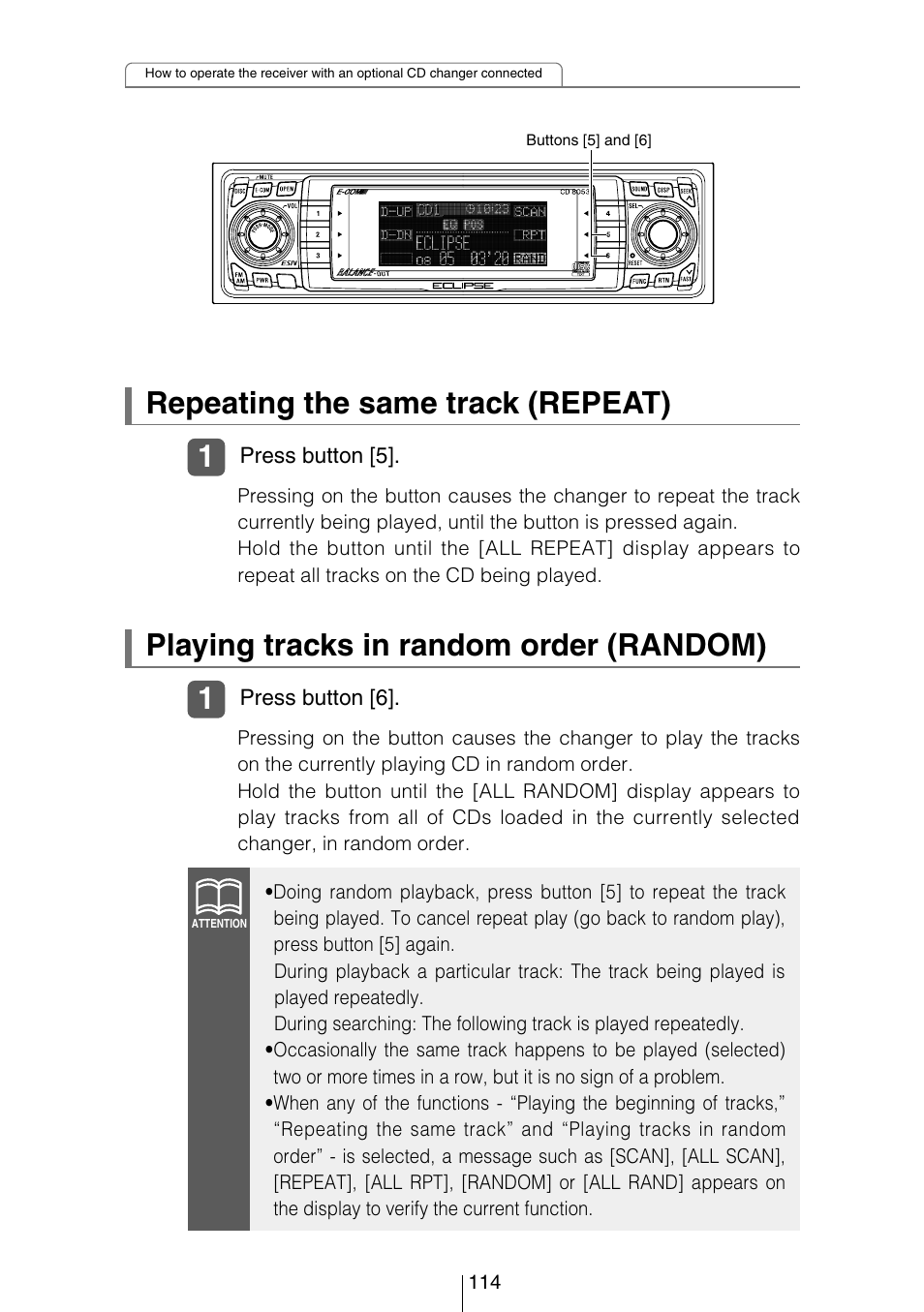 Playing tracks in random order (random), Repeating the same track (repeat) | Eclipse - Fujitsu Ten CD8053 User Manual | Page 114 / 132