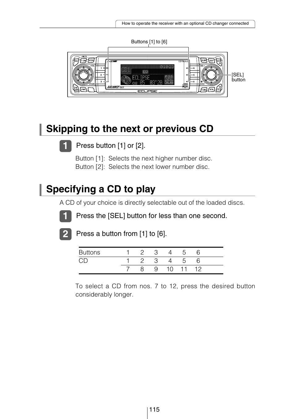 2specifying a cd to play, Skipping to the next or previous cd | Eclipse - Fujitsu Ten CD8053 User Manual | Page 115 / 132