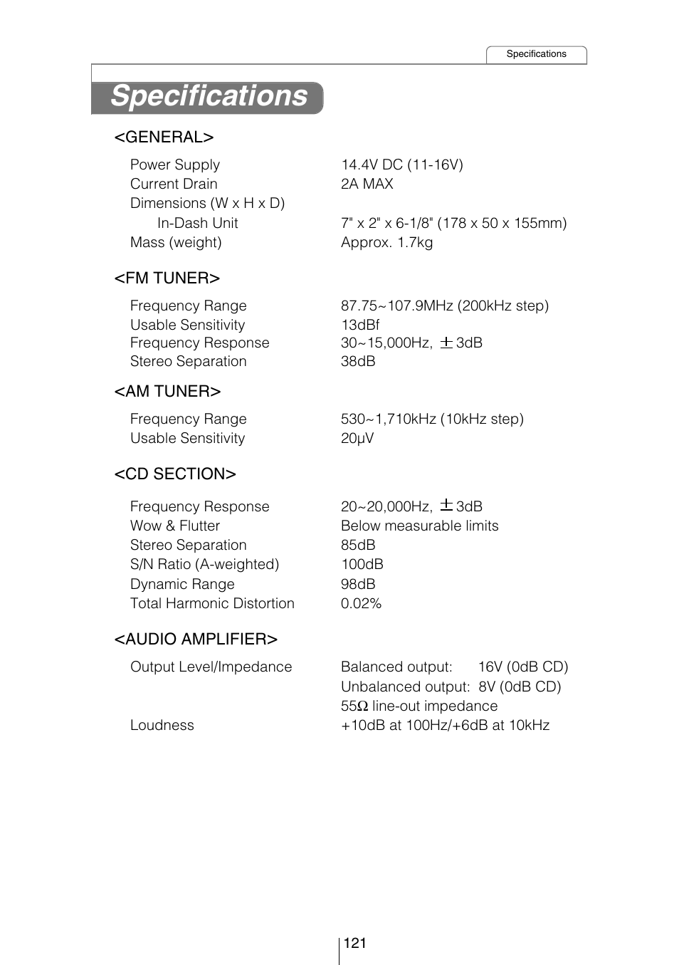 Specifications | Eclipse - Fujitsu Ten CD8053 User Manual | Page 121 / 132