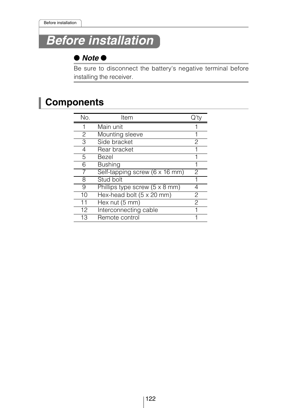 Before installation, Components | Eclipse - Fujitsu Ten CD8053 User Manual | Page 122 / 132