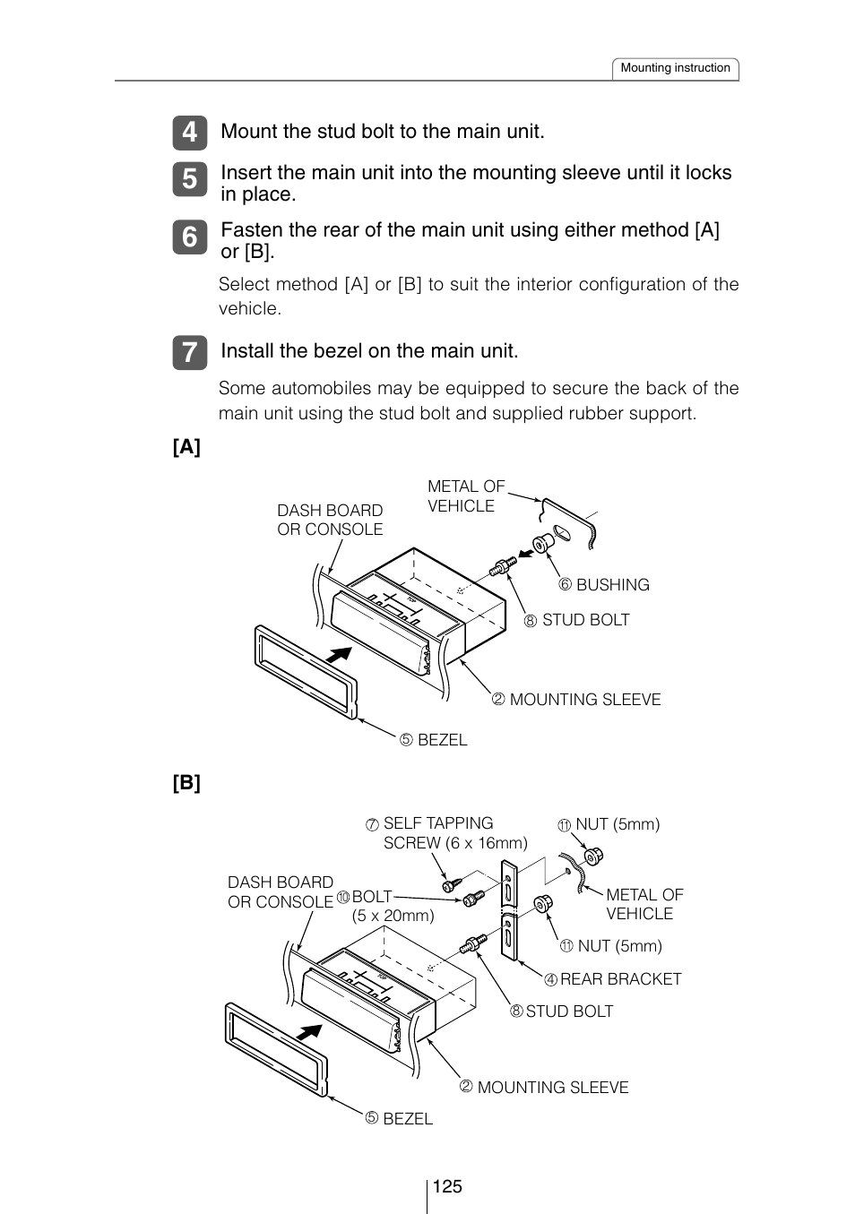 Mount the stud bolt to the main unit, Install the bezel on the main unit | Eclipse - Fujitsu Ten CD8053 User Manual | Page 125 / 132