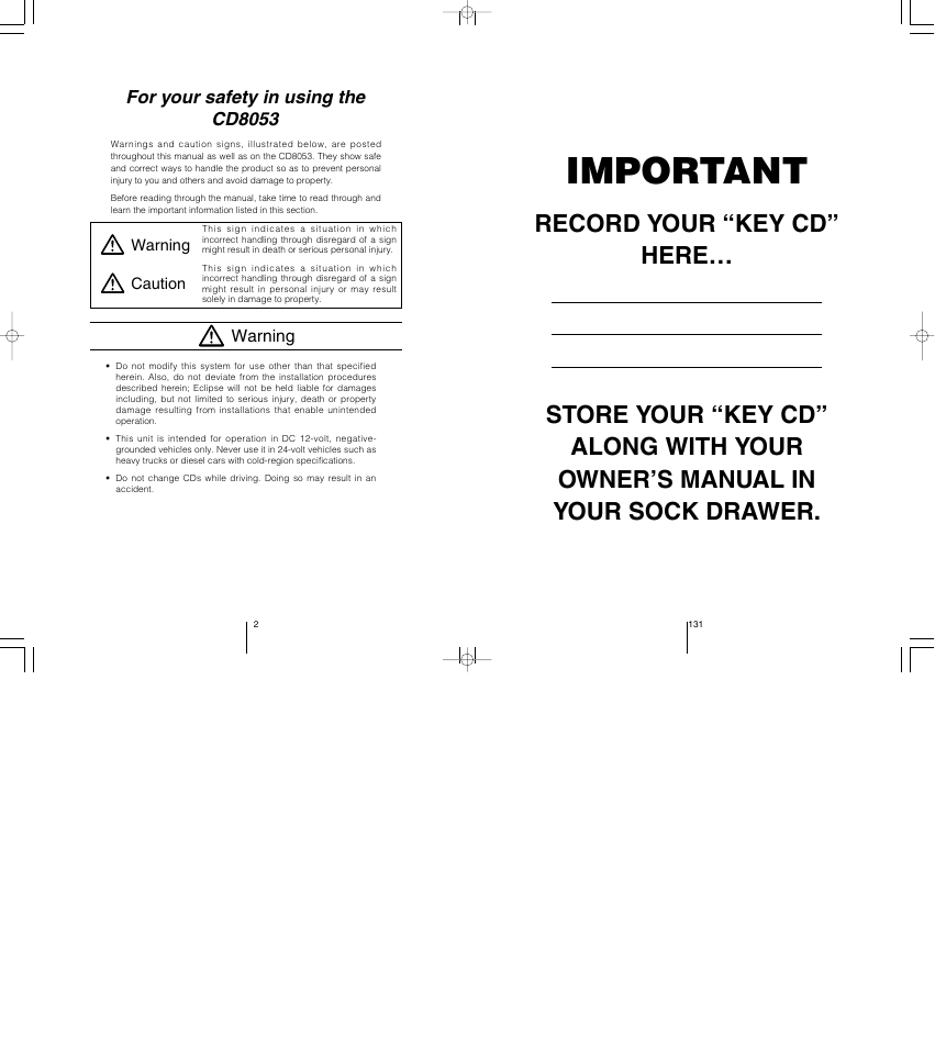 Important, For your safety in using the cd8053 | Eclipse - Fujitsu Ten CD8053 User Manual | Page 131 / 132