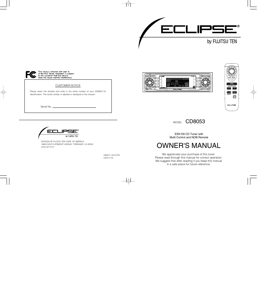 Owner's manual, Cd8053, Customer notice | Eclipse - Fujitsu Ten CD8053 User Manual | Page 132 / 132