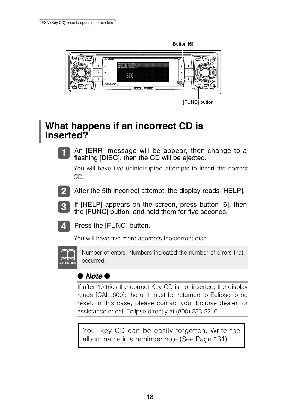 What happens if an incorrect cd is inserted | Eclipse - Fujitsu Ten CD8053 User Manual | Page 18 / 132