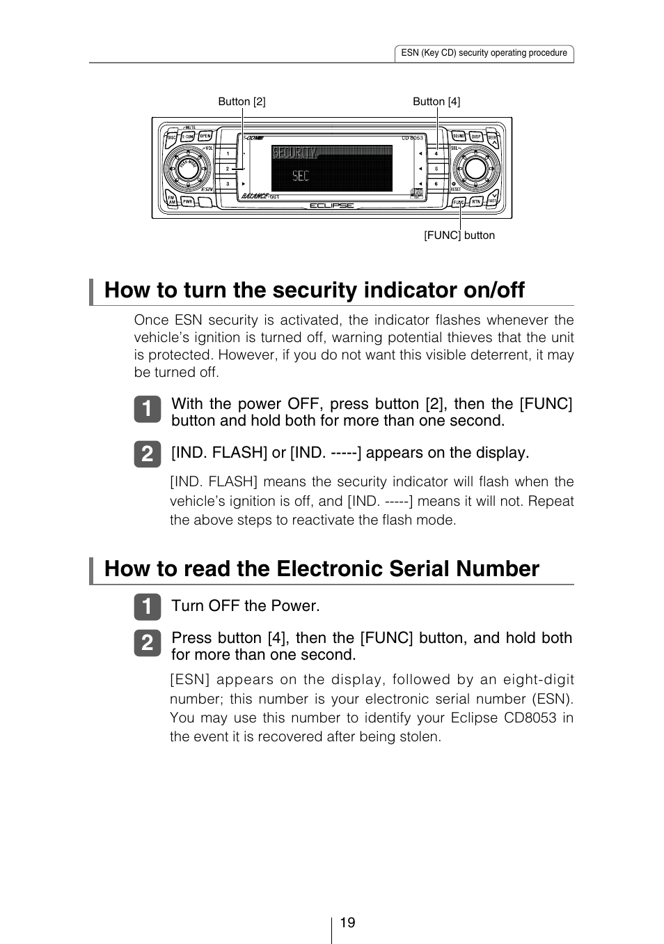 How to turn the security indicator on/off, How to read the electronic serial number | Eclipse - Fujitsu Ten CD8053 User Manual | Page 19 / 132