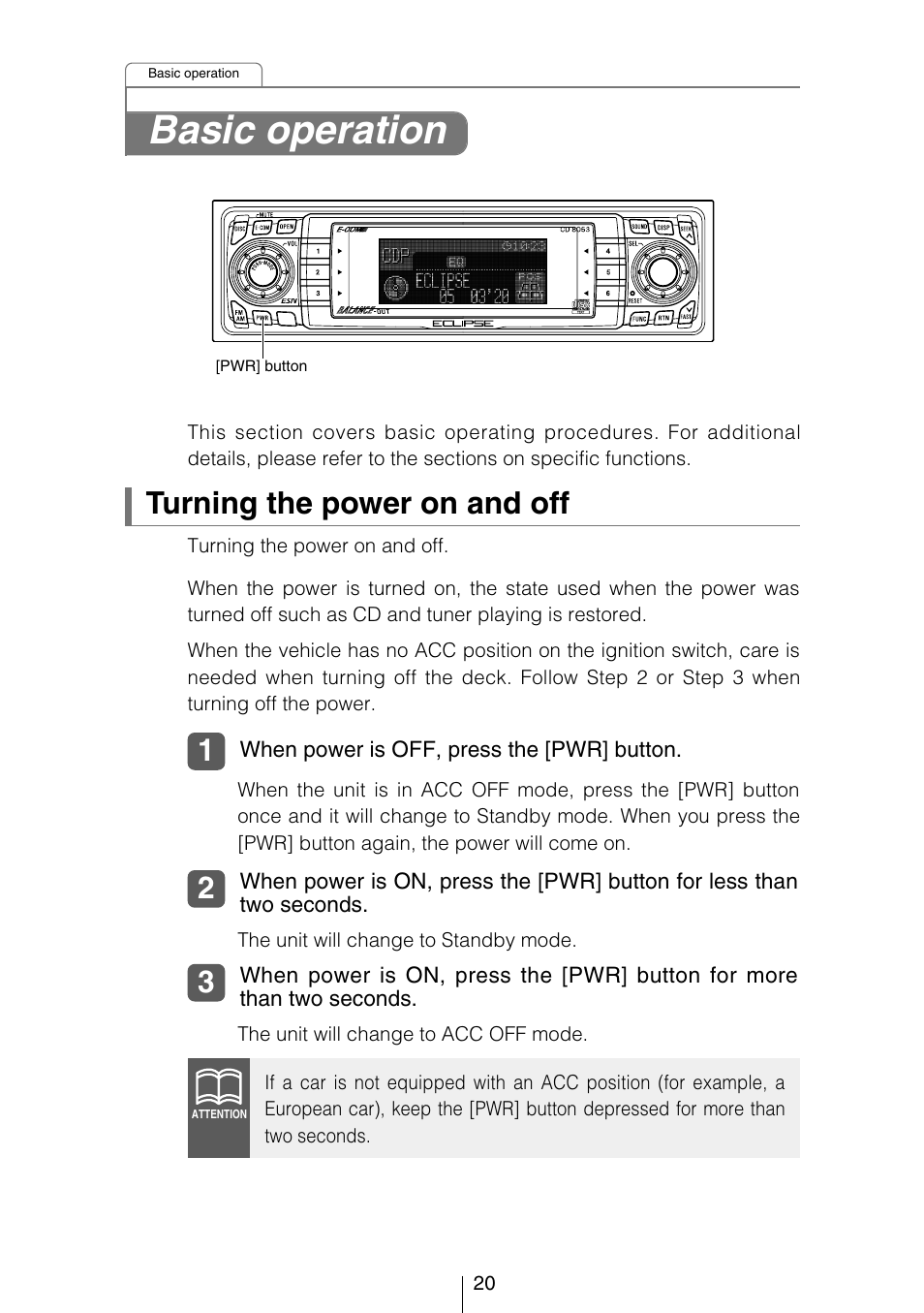 Basic operation, Turning the power on and off | Eclipse - Fujitsu Ten CD8053 User Manual | Page 20 / 132