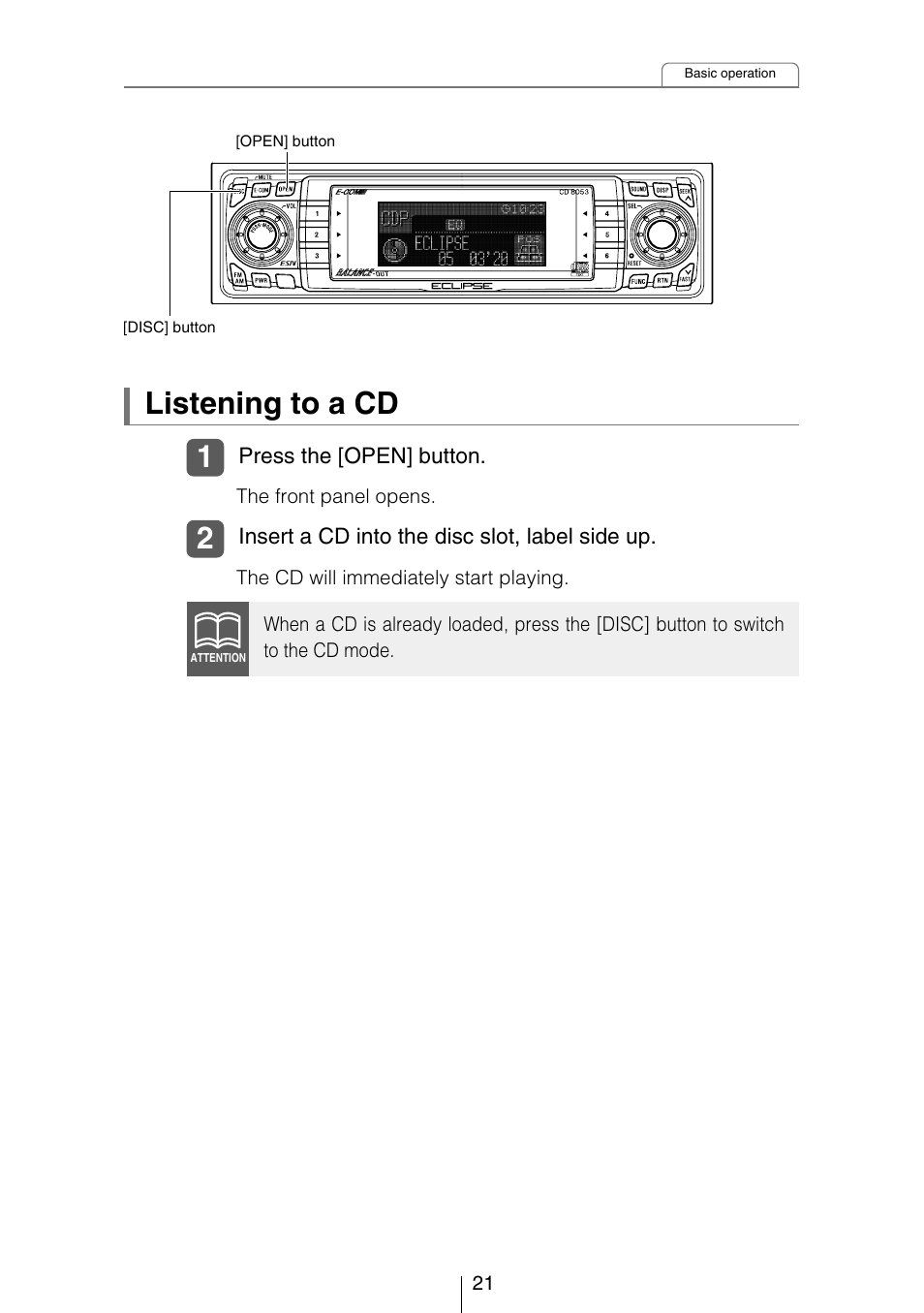 Listening to a cd | Eclipse - Fujitsu Ten CD8053 User Manual | Page 21 / 132