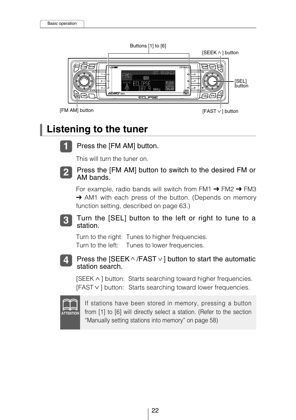 Listening to the tuner | Eclipse - Fujitsu Ten CD8053 User Manual | Page 22 / 132