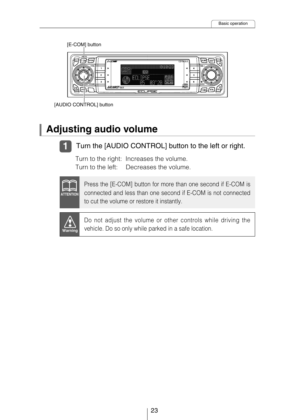 Adjusting audio volume | Eclipse - Fujitsu Ten CD8053 User Manual | Page 23 / 132