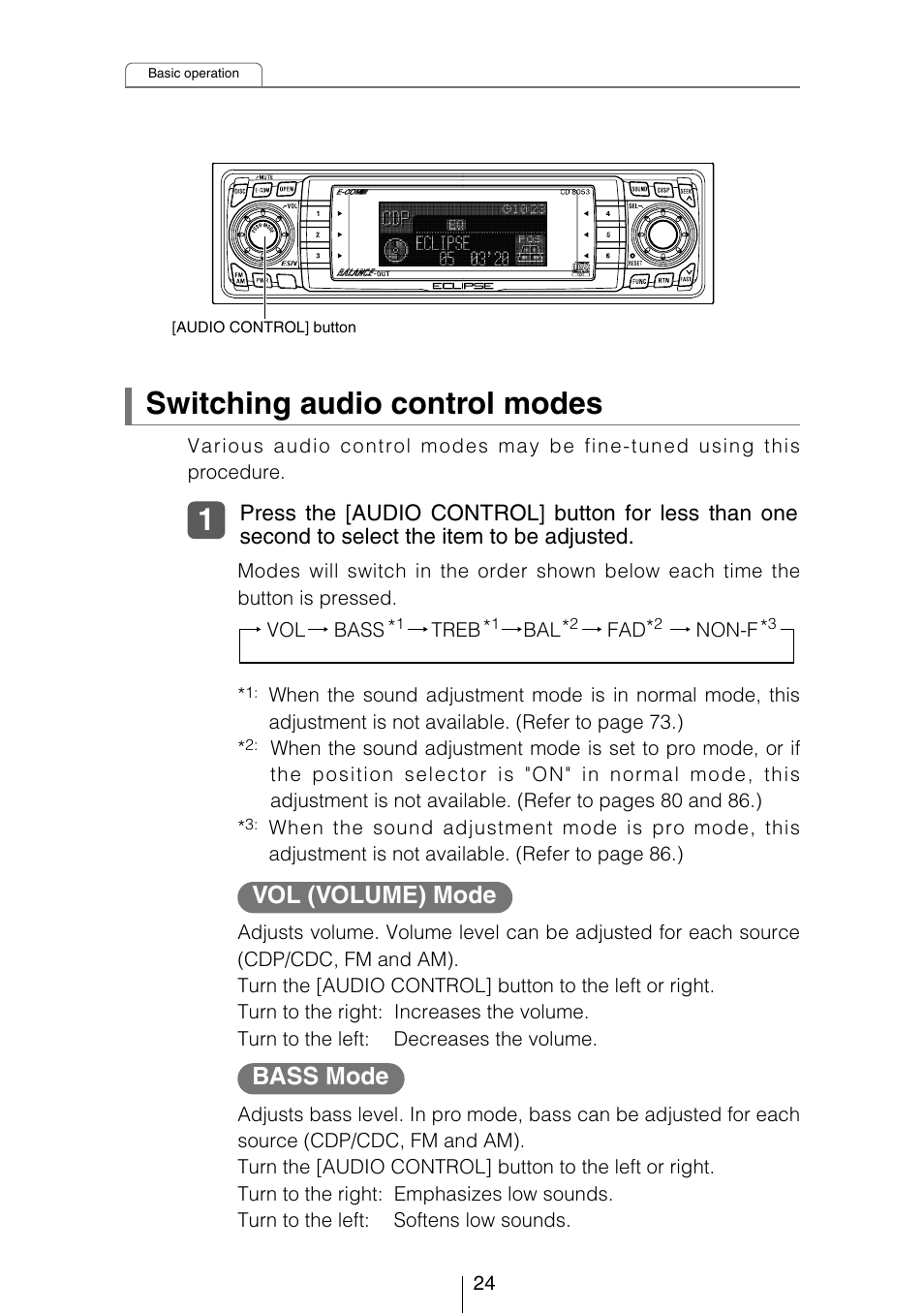 Switching audio control modes, Vol (volume) mode, Bass mode | Eclipse - Fujitsu Ten CD8053 User Manual | Page 24 / 132