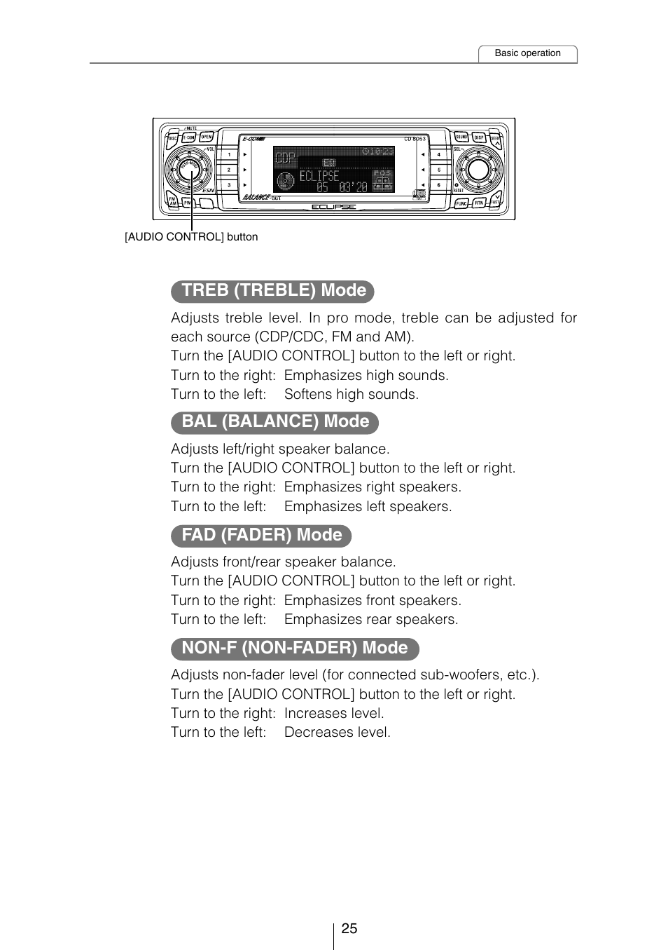 Treb (treble) mode, Bal (balance) mode, Fad (fader) mode | Non-f (non-fader) mode | Eclipse - Fujitsu Ten CD8053 User Manual | Page 25 / 132