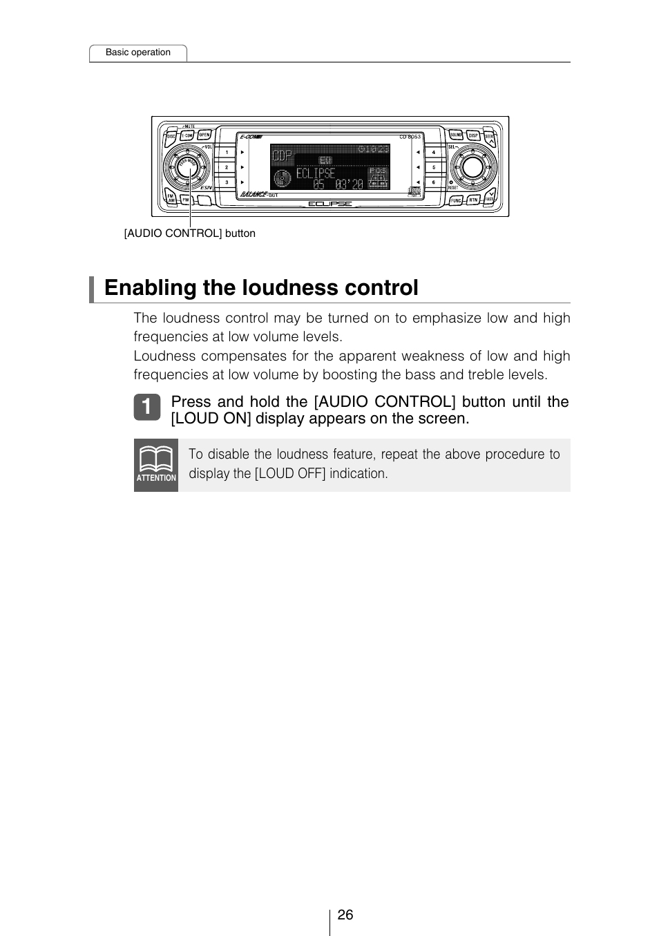 Enabling the loudness control | Eclipse - Fujitsu Ten CD8053 User Manual | Page 26 / 132