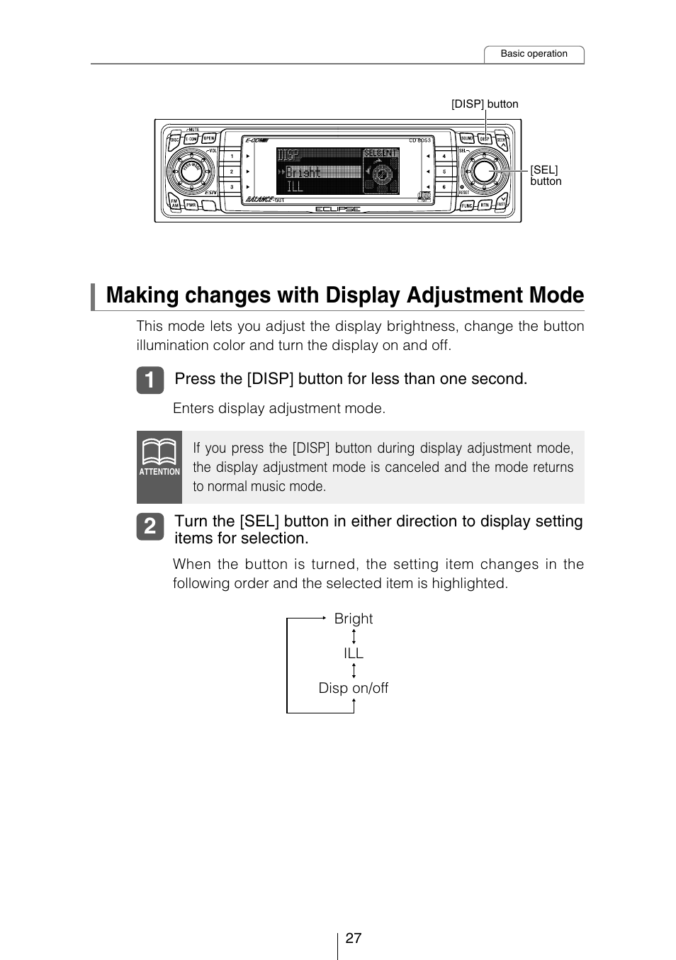 Making changes with display adjustment mode | Eclipse - Fujitsu Ten CD8053 User Manual | Page 27 / 132