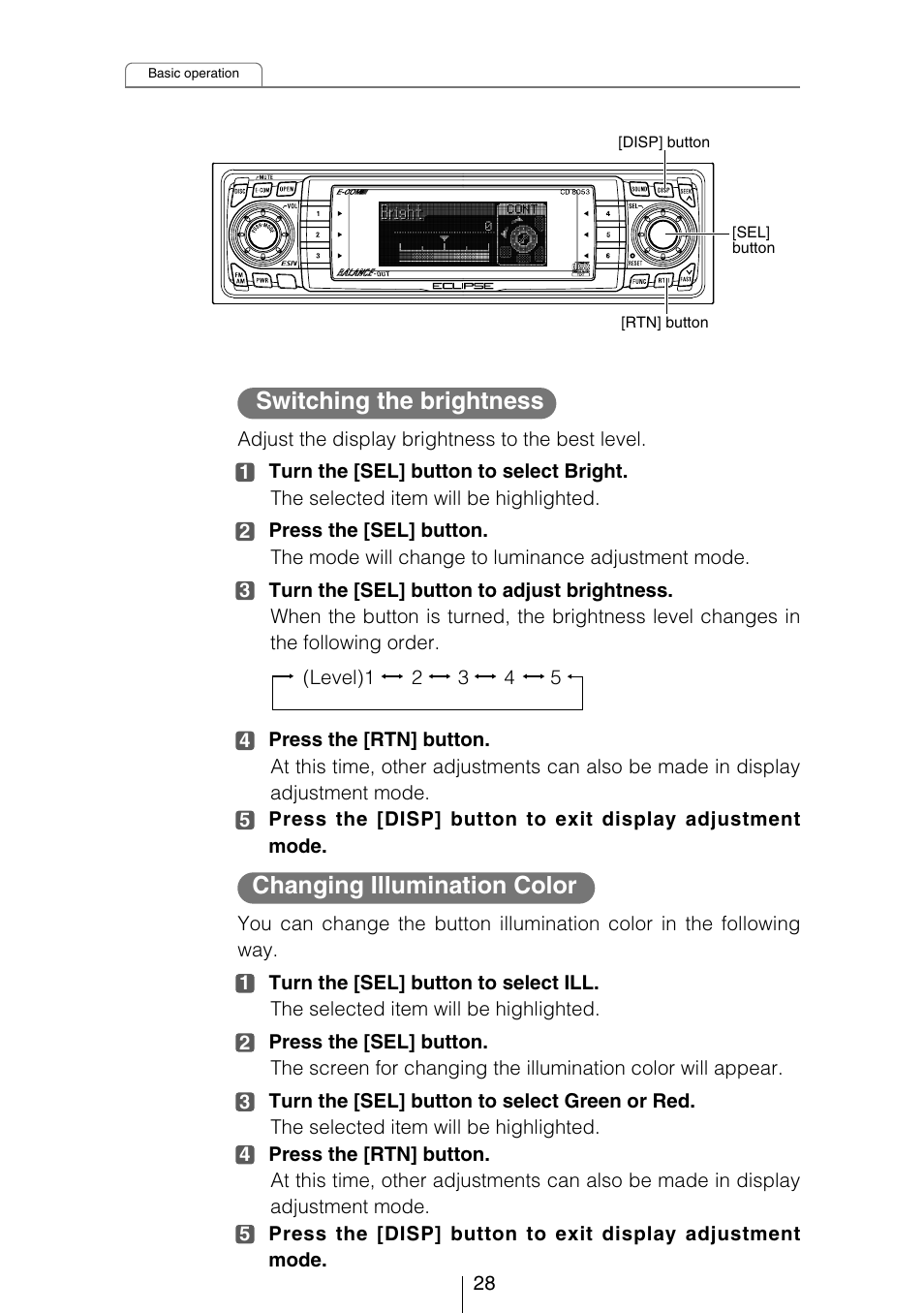 Changing illumination color, Switching the brightness | Eclipse - Fujitsu Ten CD8053 User Manual | Page 28 / 132