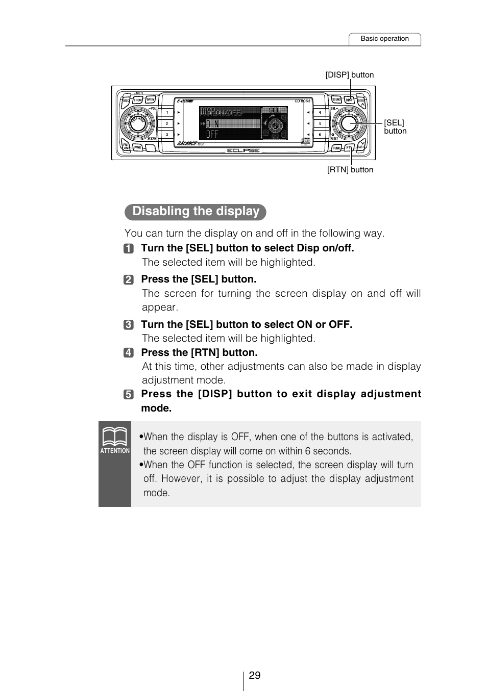 Disabling the display | Eclipse - Fujitsu Ten CD8053 User Manual | Page 29 / 132