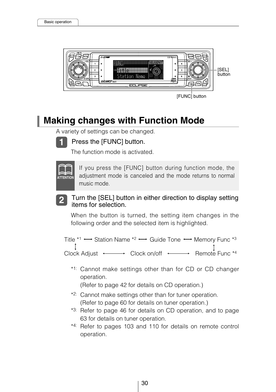 Making changes with function mode | Eclipse - Fujitsu Ten CD8053 User Manual | Page 30 / 132