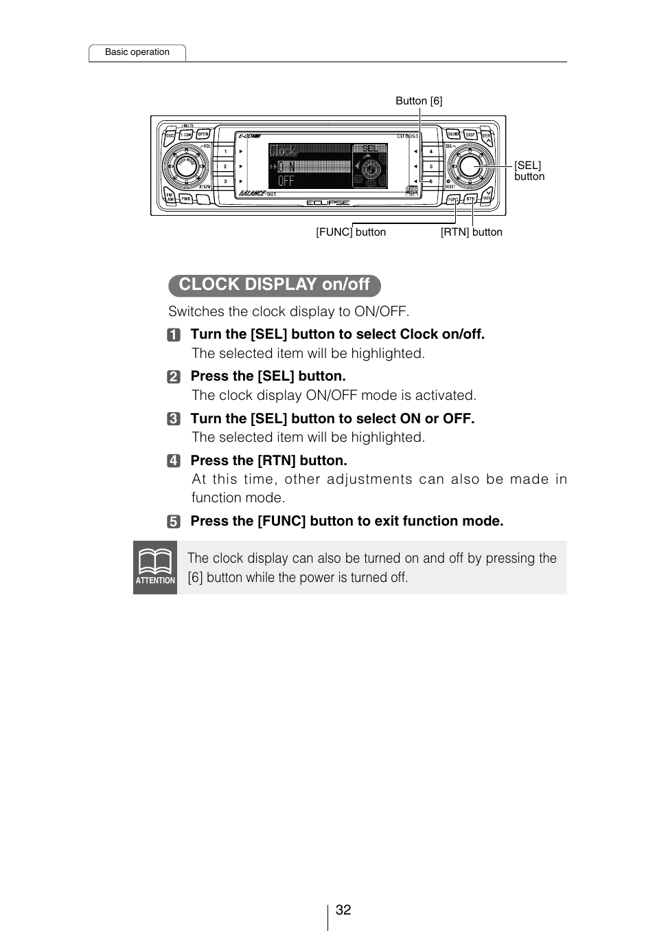 Clock display on/off | Eclipse - Fujitsu Ten CD8053 User Manual | Page 32 / 132