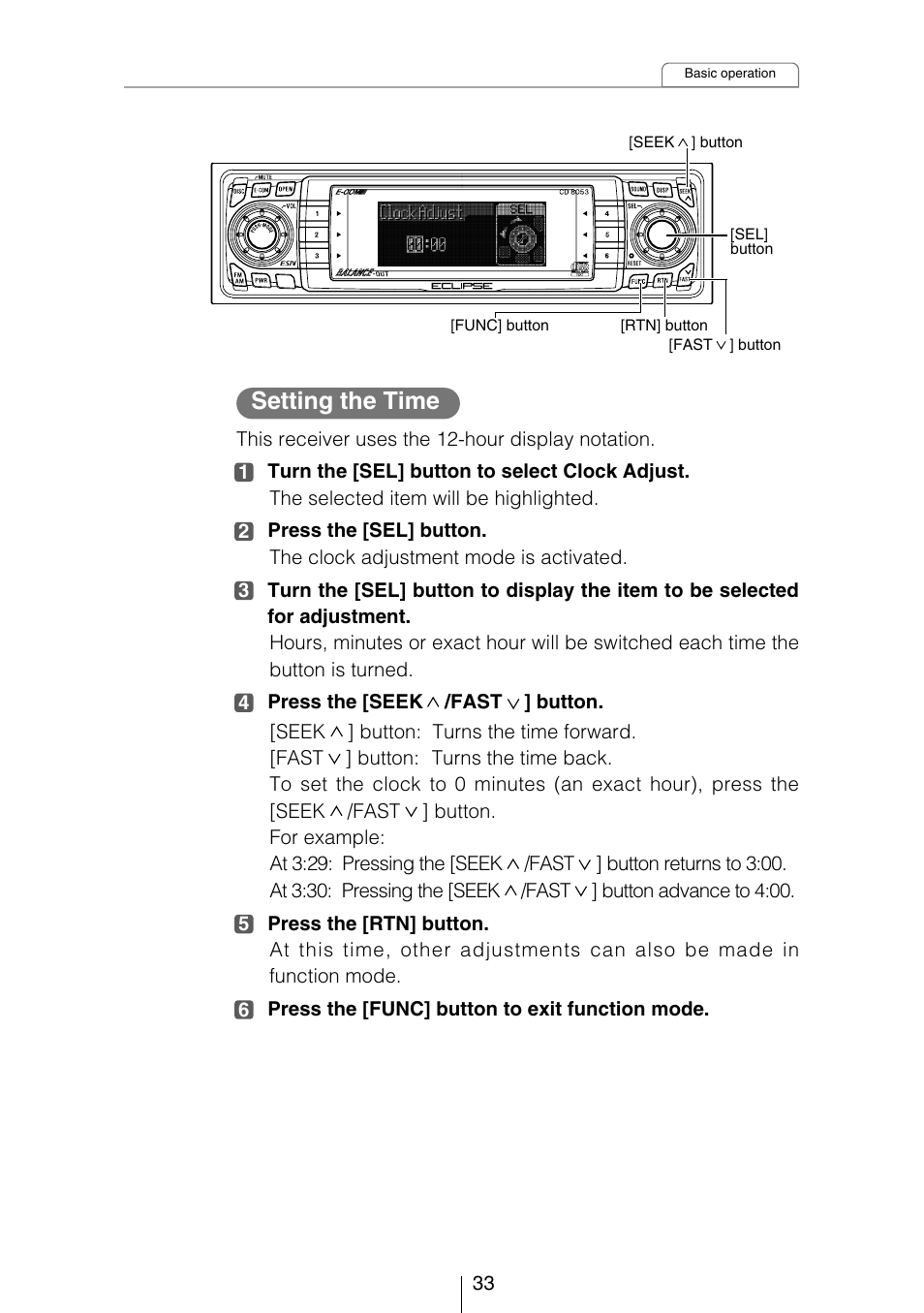 Setting the time | Eclipse - Fujitsu Ten CD8053 User Manual | Page 33 / 132