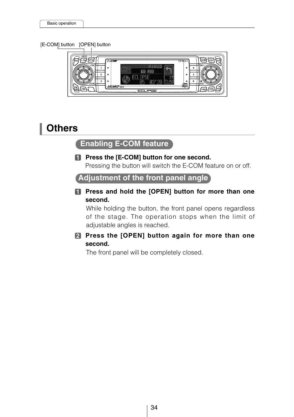 Others, Enabling e-com feature, Adjustment of the front panel angle | Eclipse - Fujitsu Ten CD8053 User Manual | Page 34 / 132