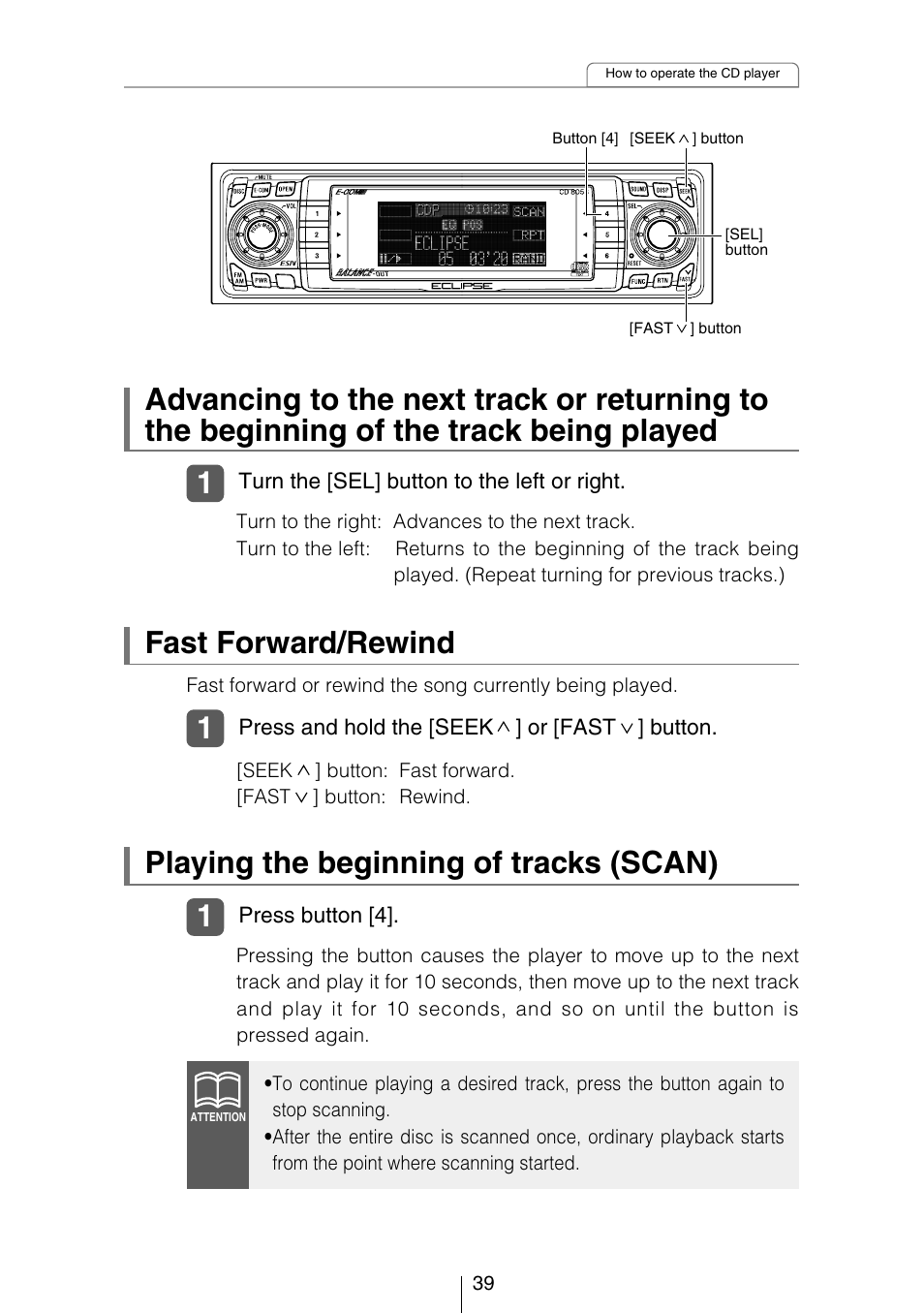 Playing the beginning of tracks (scan), Fast forward/rewind | Eclipse - Fujitsu Ten CD8053 User Manual | Page 39 / 132