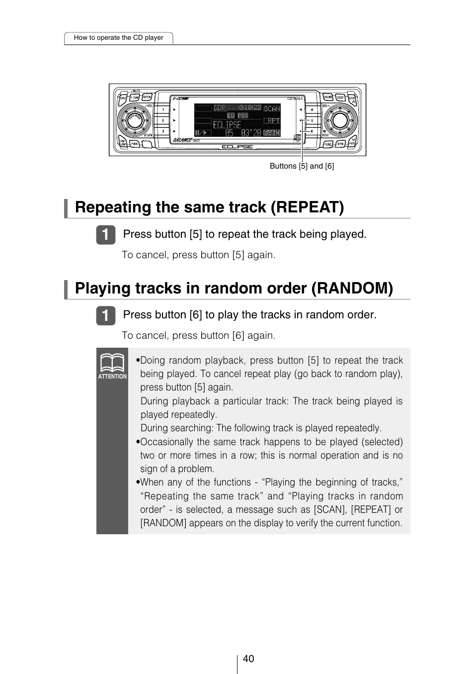 Repeating the same track (repeat), Playing tracks in random order (random) | Eclipse - Fujitsu Ten CD8053 User Manual | Page 40 / 132