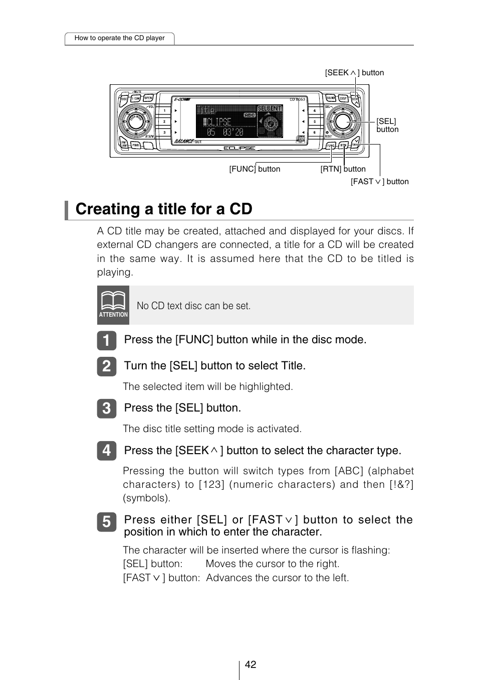 Creating a title for a cd | Eclipse - Fujitsu Ten CD8053 User Manual | Page 42 / 132