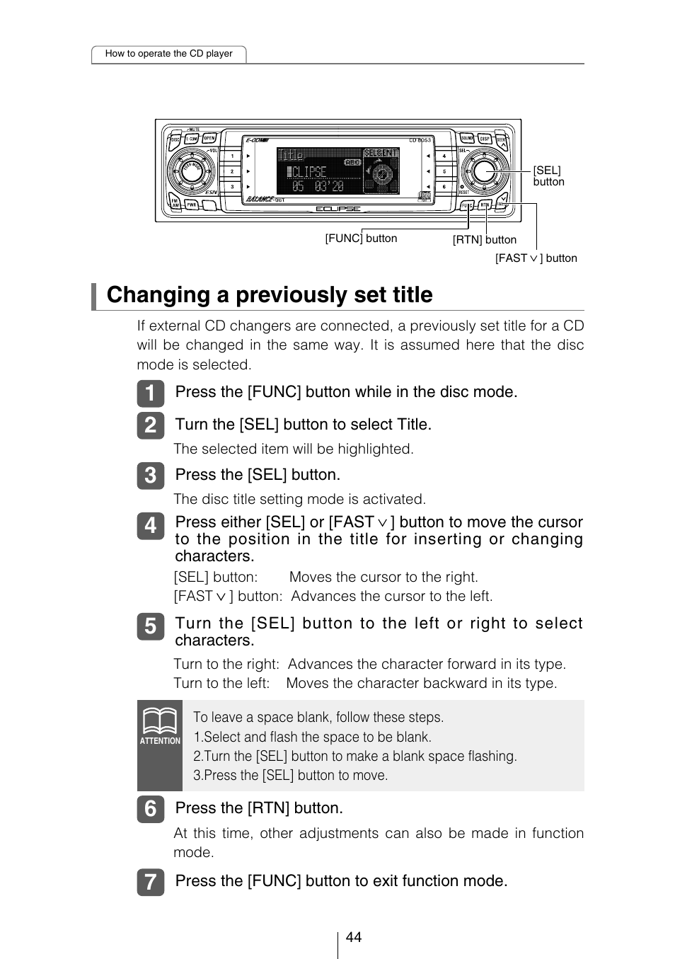 Changing a previously set title | Eclipse - Fujitsu Ten CD8053 User Manual | Page 44 / 132