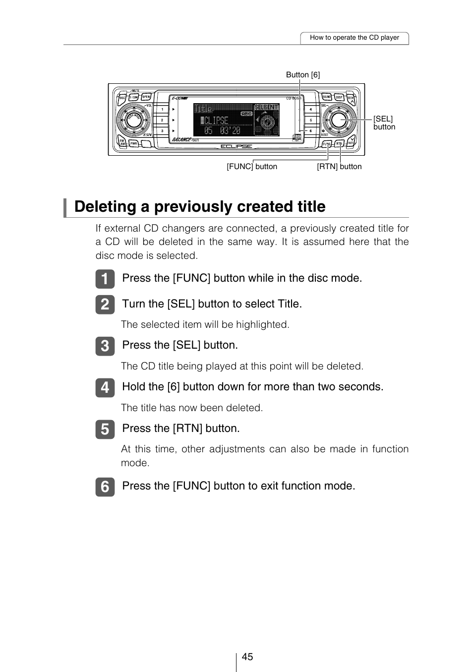 Deleting a previously created title | Eclipse - Fujitsu Ten CD8053 User Manual | Page 45 / 132