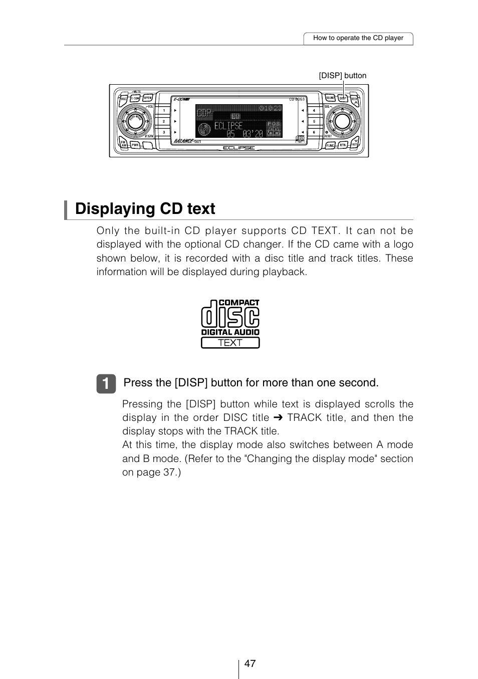 Displaying cd text | Eclipse - Fujitsu Ten CD8053 User Manual | Page 47 / 132