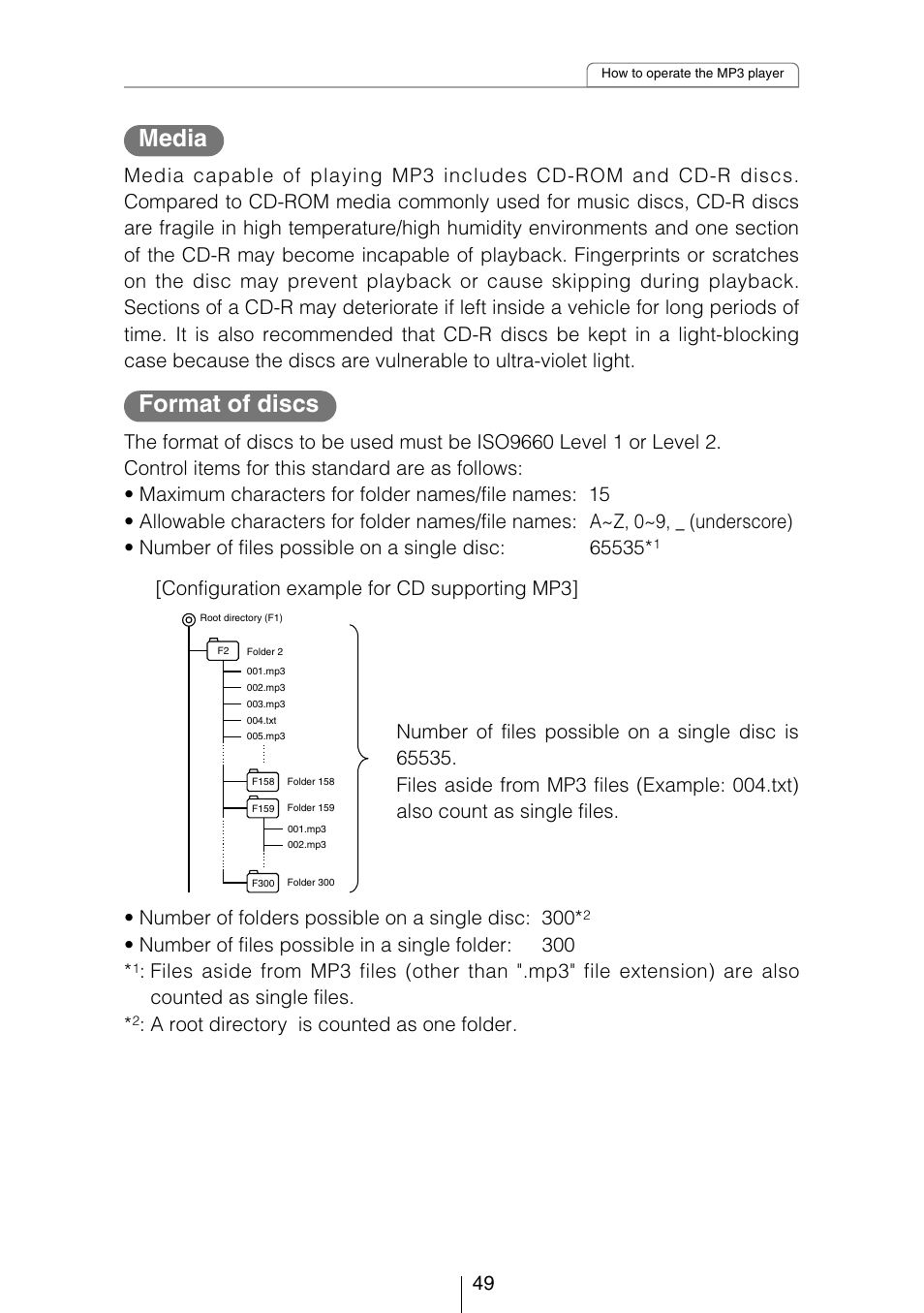 Media format of discs, Number of folders possible on a single disc: 300, Number of files possible in a single folder: 300 | A root directory is counted as one folder | Eclipse - Fujitsu Ten CD8053 User Manual | Page 49 / 132