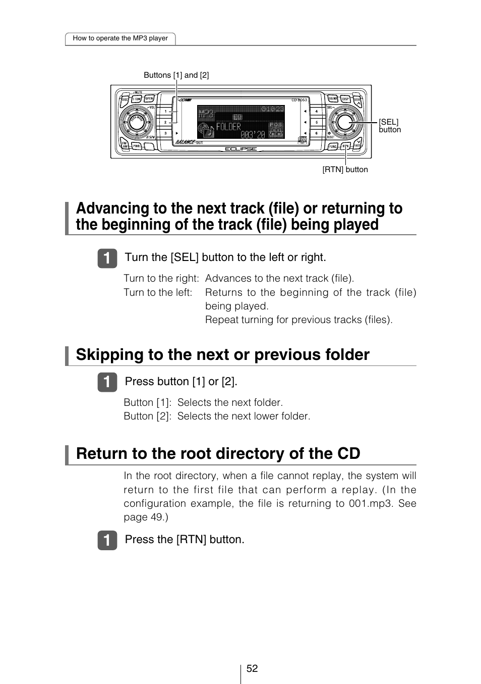 Skipping to the next or previous folder, Return to the root directory of the cd | Eclipse - Fujitsu Ten CD8053 User Manual | Page 52 / 132