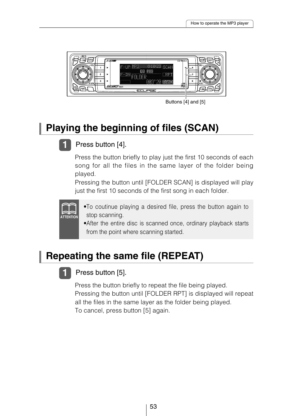 Playing the beginning of files (scan), Repeating the same file (repeat) | Eclipse - Fujitsu Ten CD8053 User Manual | Page 53 / 132