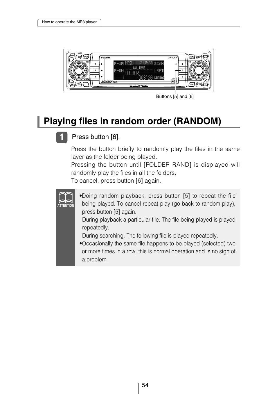 Playing files in random order (random) | Eclipse - Fujitsu Ten CD8053 User Manual | Page 54 / 132