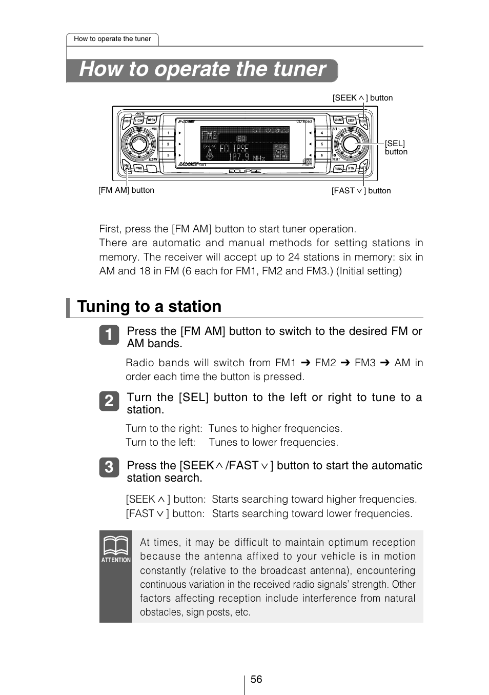 How to operate the tuner, Tuning to a station | Eclipse - Fujitsu Ten CD8053 User Manual | Page 56 / 132