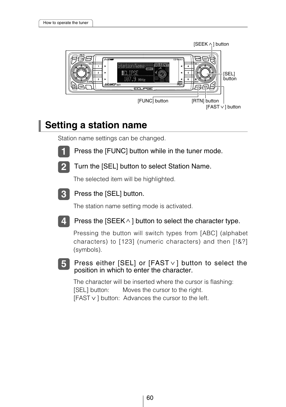 Setting a station name | Eclipse - Fujitsu Ten CD8053 User Manual | Page 60 / 132