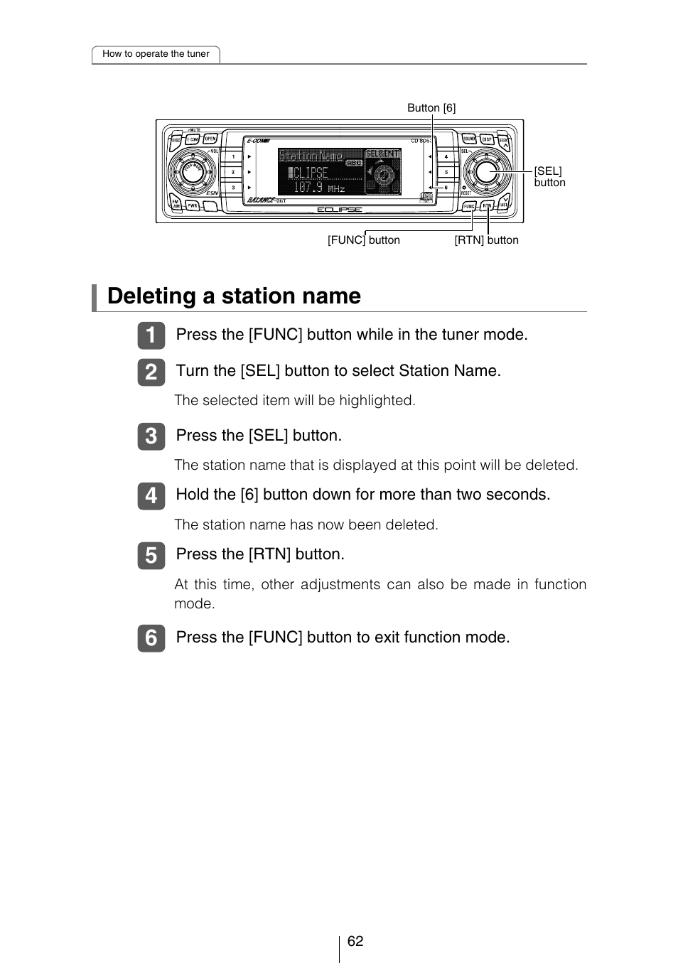 Deleting a station name | Eclipse - Fujitsu Ten CD8053 User Manual | Page 62 / 132