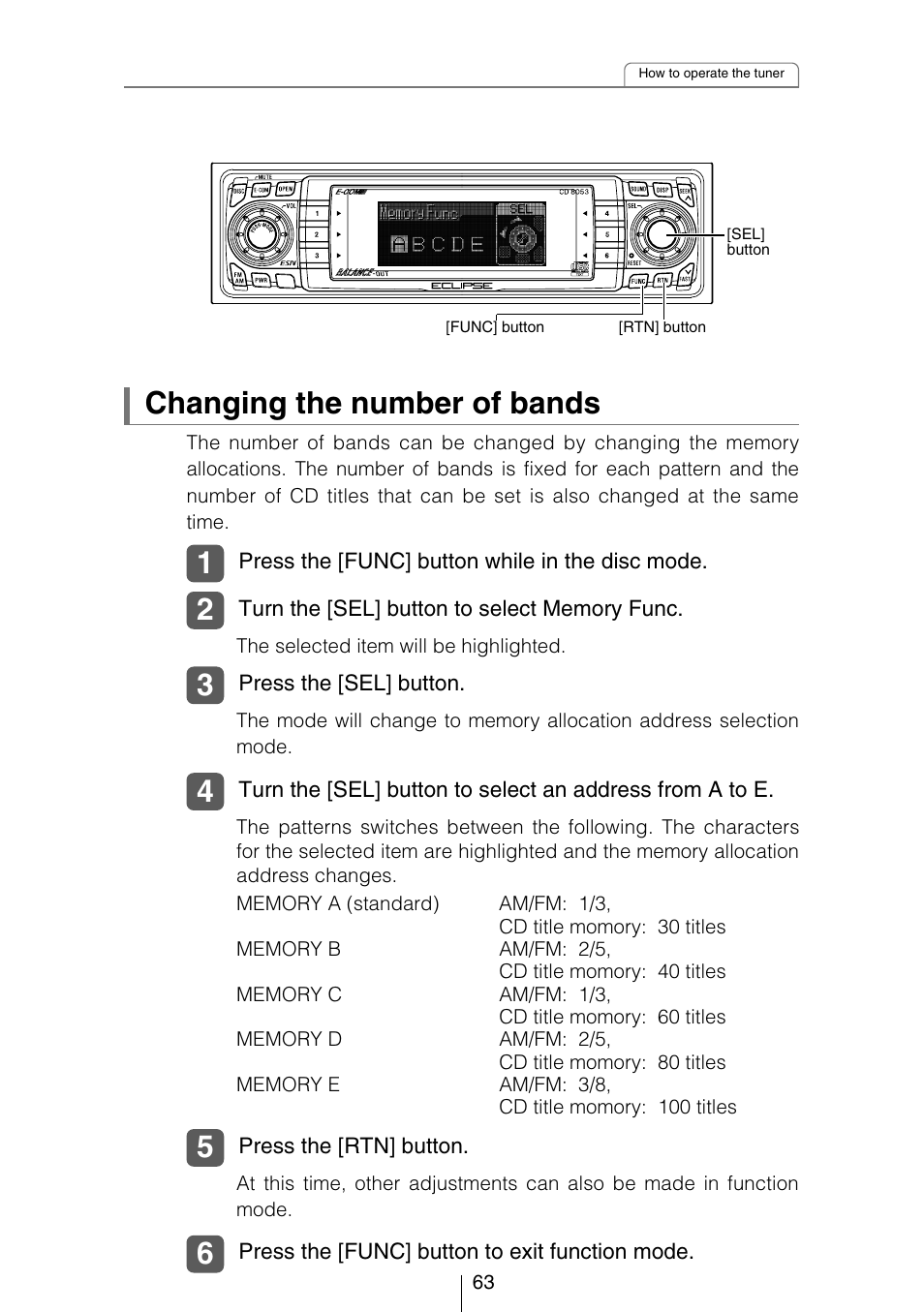 Changing the number of bands | Eclipse - Fujitsu Ten CD8053 User Manual | Page 63 / 132