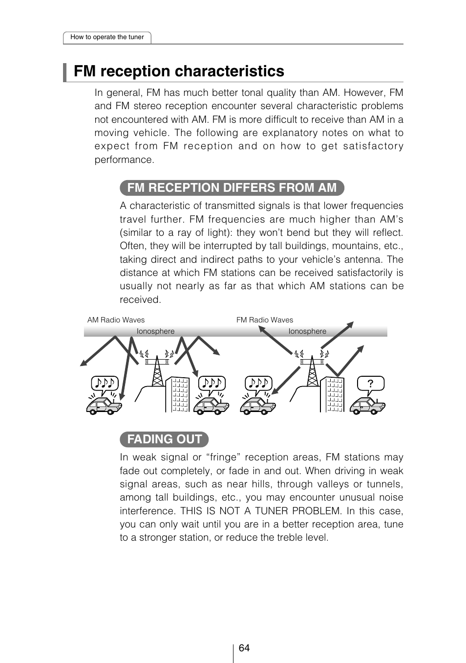 Fm reception characteristics, Fm reception differs from am fading out | Eclipse - Fujitsu Ten CD8053 User Manual | Page 64 / 132