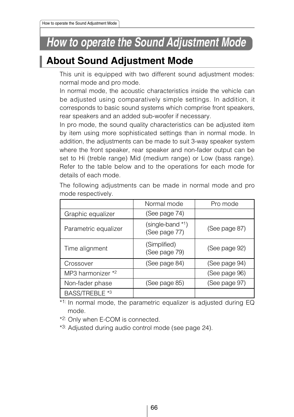 How to operate the sound adjustment mode, About sound adjustment mode | Eclipse - Fujitsu Ten CD8053 User Manual | Page 66 / 132