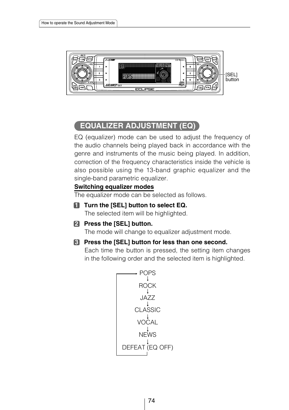 Equalizer adjustment (eq) | Eclipse - Fujitsu Ten CD8053 User Manual | Page 74 / 132