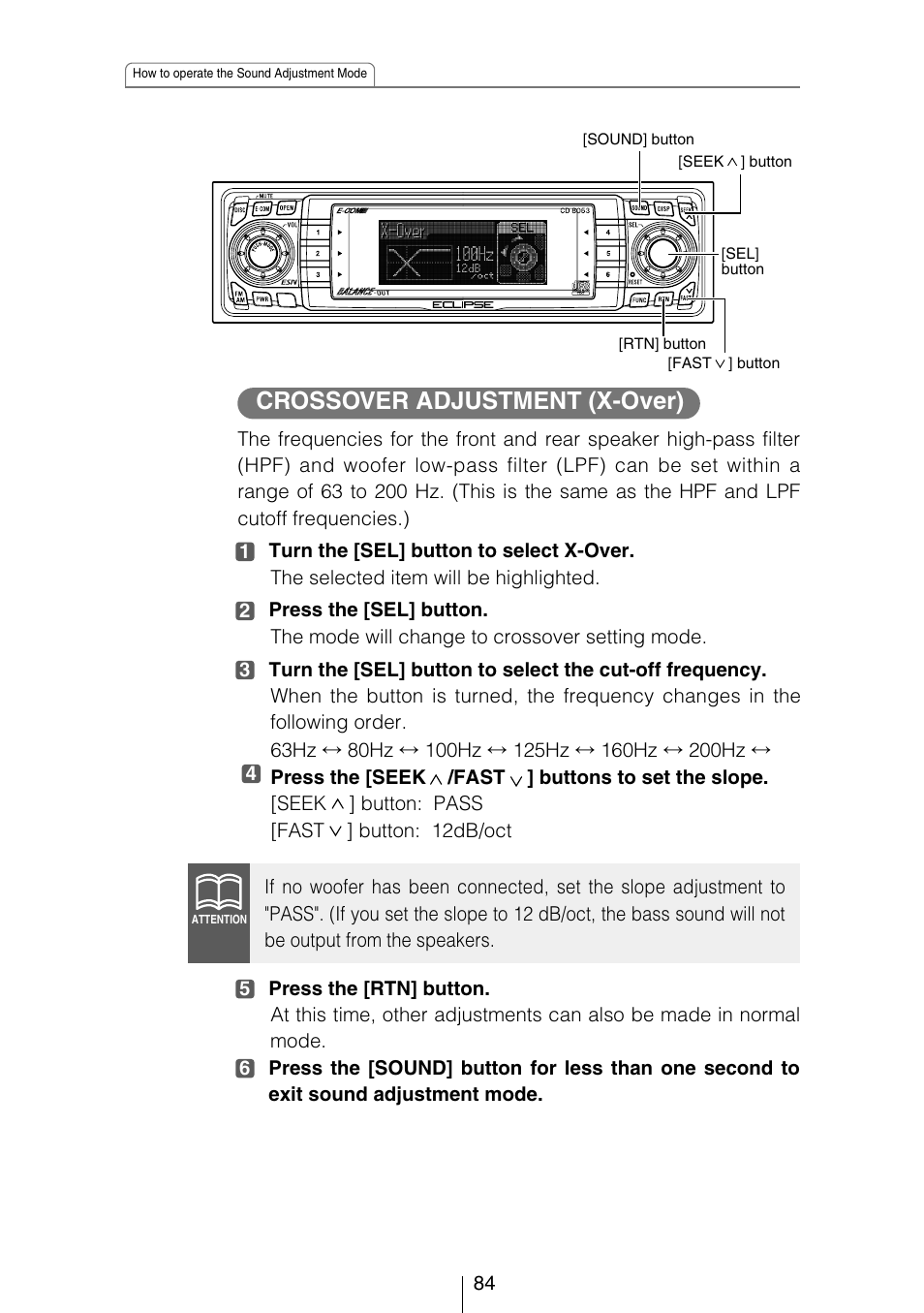 Crossover adjustment (x-over) | Eclipse - Fujitsu Ten CD8053 User Manual | Page 84 / 132