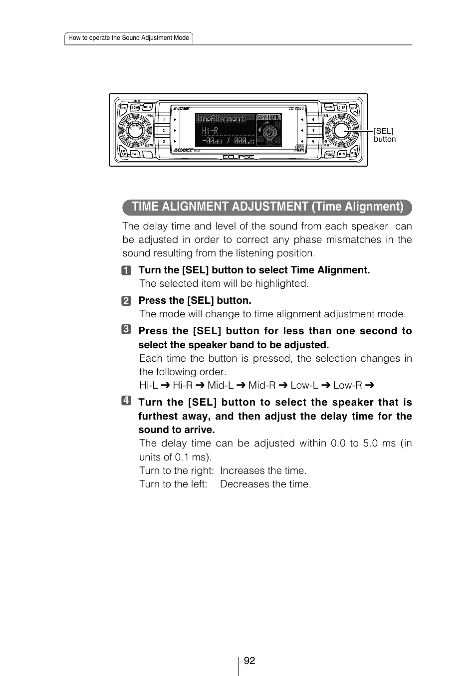 Time alignment adjustment (time alignment) | Eclipse - Fujitsu Ten CD8053 User Manual | Page 92 / 132