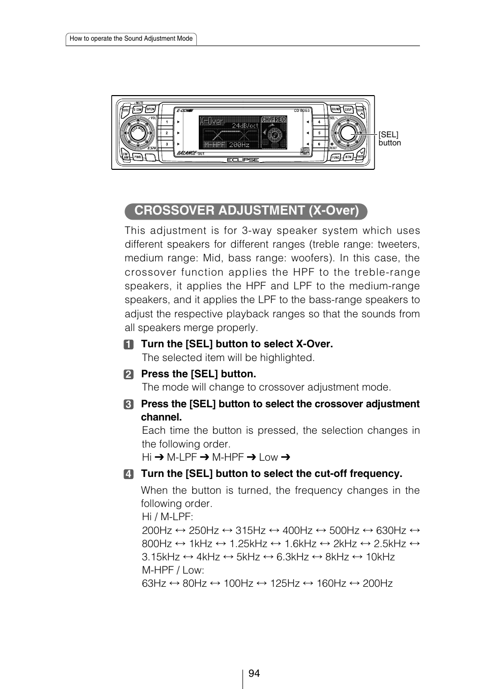 Crossover adjustment (x-over) | Eclipse - Fujitsu Ten CD8053 User Manual | Page 94 / 132