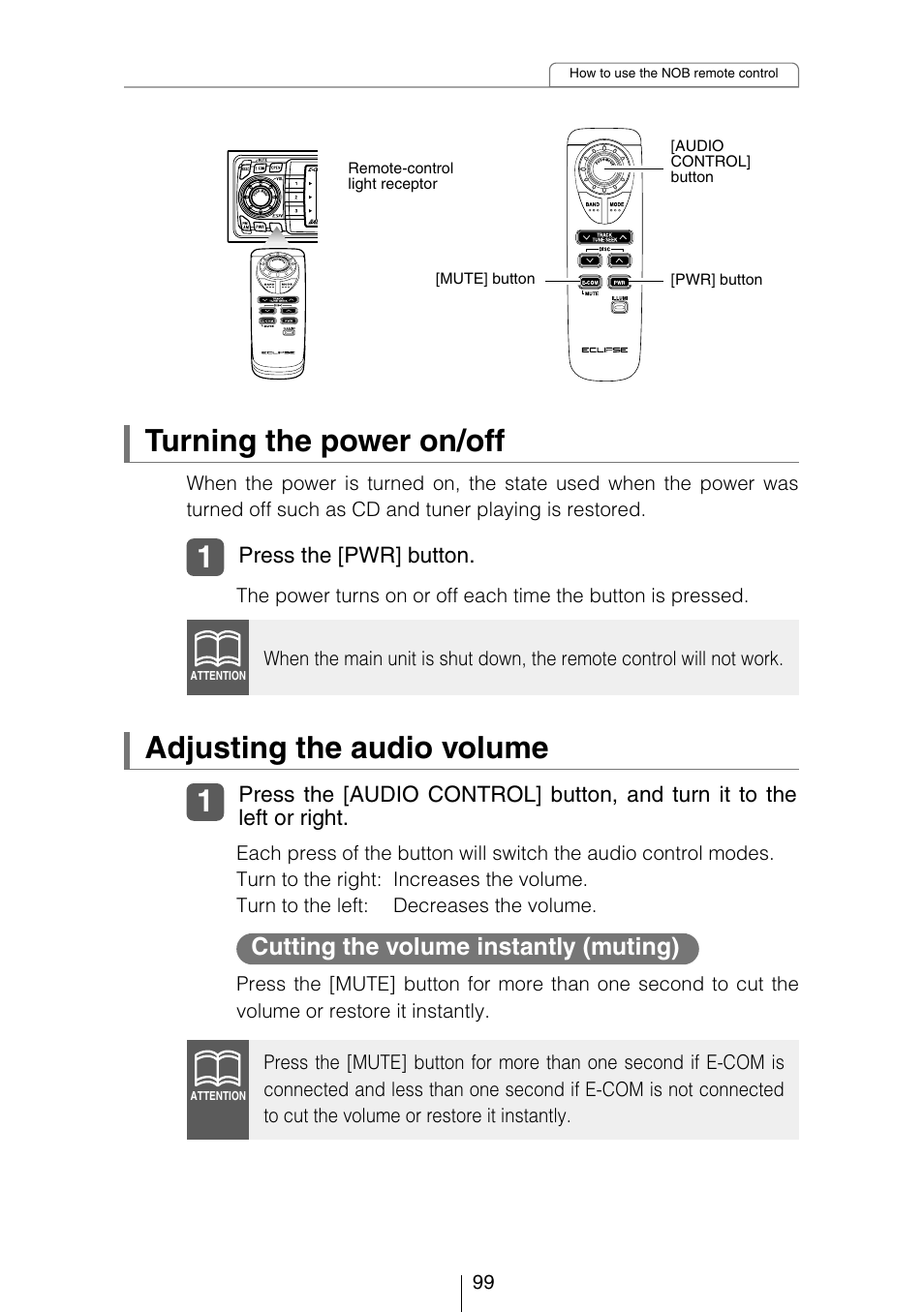 Turning the power on/off, Adjusting the audio volume, Cutting the volume instantly (muting) | Eclipse - Fujitsu Ten CD8053 User Manual | Page 99 / 132