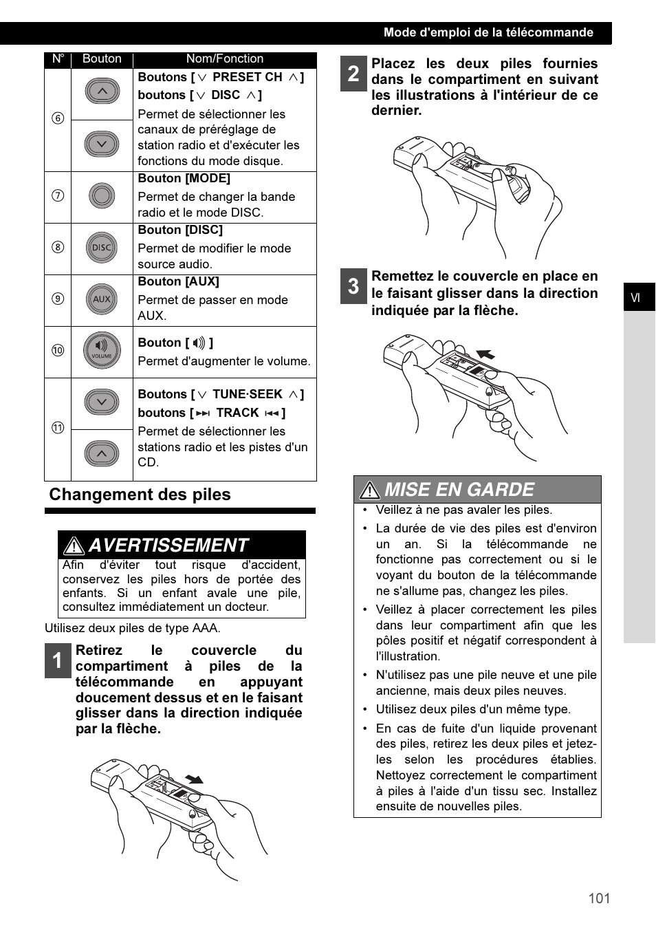 Changement des piles, Avertissement, Mise en garde | Eclipse - Fujitsu Ten CD3100 User Manual | Page 101 / 215