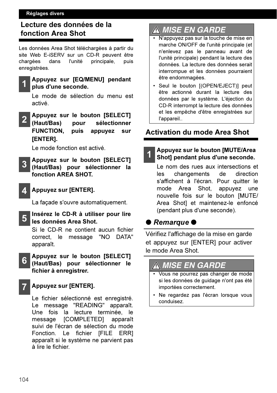 Lecture des données de la fonction area shot, Activation du mode area shot, Mise en garde | Eclipse - Fujitsu Ten CD3100 User Manual | Page 104 / 215