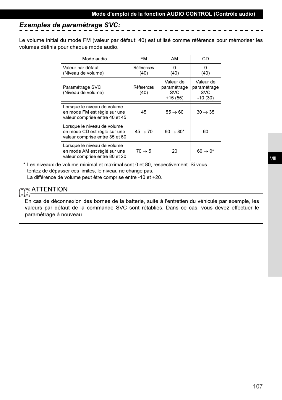 Exemples de paramétrage svc, Attention | Eclipse - Fujitsu Ten CD3100 User Manual | Page 107 / 215