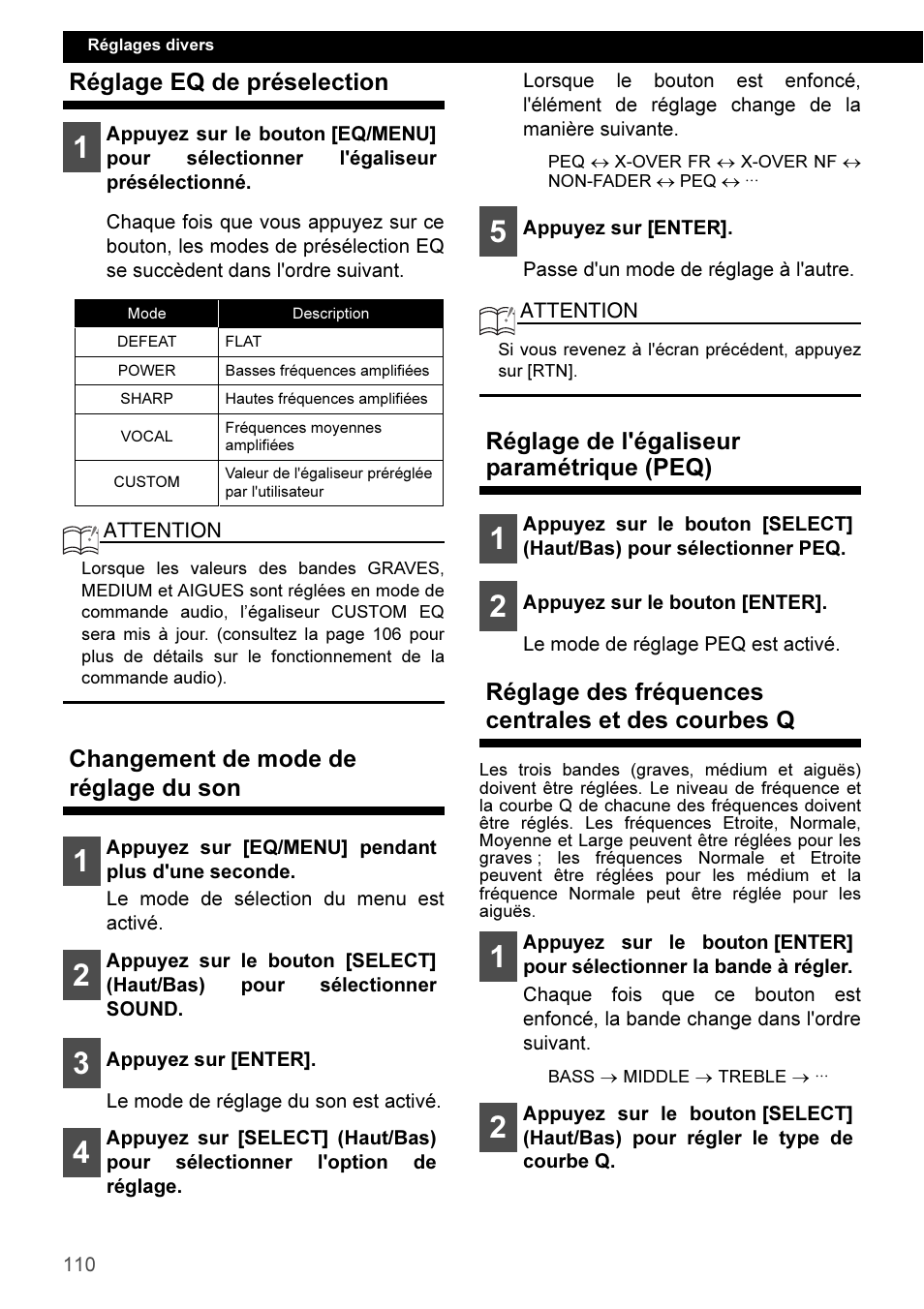 Réglage eq de préselection, Changement de mode de réglage du son, Réglage de l'égaliseur paramétrique (peq) | Réglage des fréquences centrales et des courbes q | Eclipse - Fujitsu Ten CD3100 User Manual | Page 110 / 215